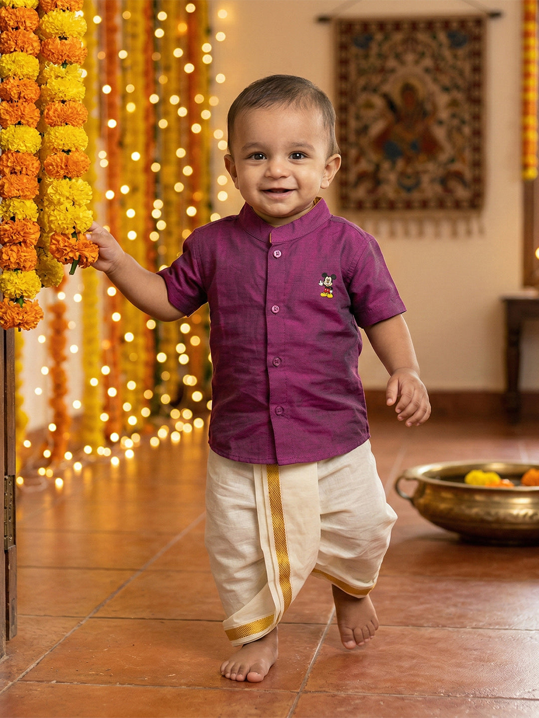 Born Baby Traditional Shirt with Dhoti and Panchakacham Set Purple