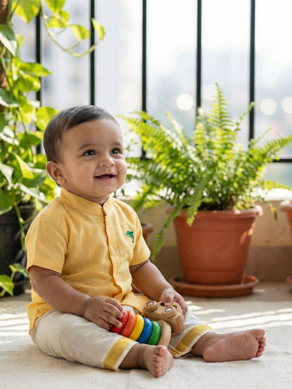 Born Baby Traditional Shirt with Dhoti and Panchakacham Set Yellow