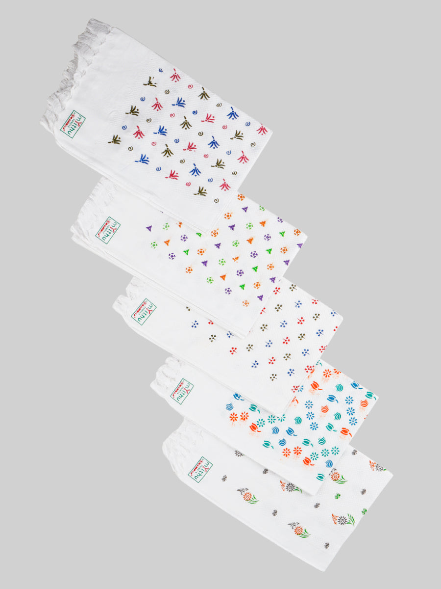 Premium Cotton White with Assorted Printed Napkin / Hand Towel (Pack of 6)
