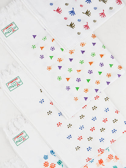 Premium Cotton White with Assorted Printed Napkin / Hand Towel (Pack of 6)