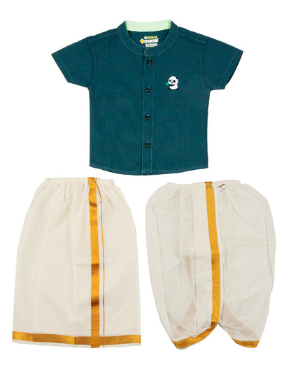 Born Baby Traditional Shirt with Dhoti and Panchakacham Set Dark Green