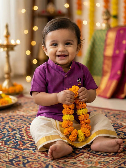 Born Baby Traditional Shirt with Dhoti and Panchakacham Set Purple