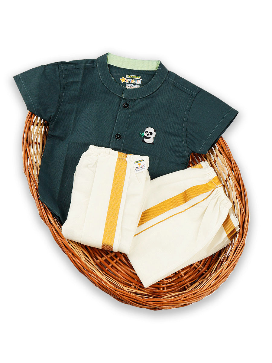 Born Baby Traditional Shirt with Dhoti and Panchakacham Set Dark Green