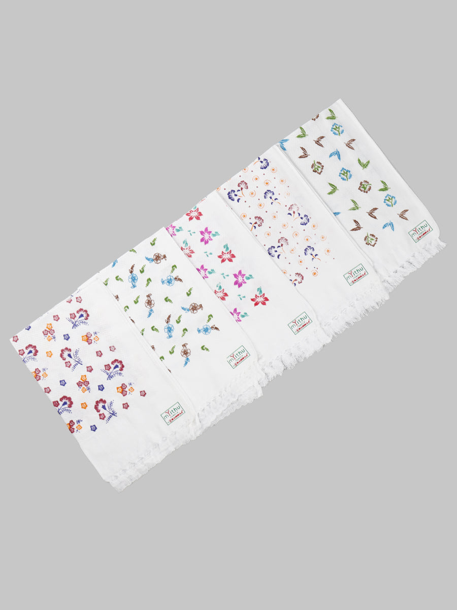 Premium Cotton White with Assorted Printed Napkin / Hand Towel (Pack of 6)