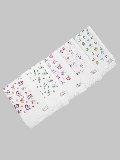 Premium Cotton White with Assorted Printed Napkin / Hand Towel (Pack of 6)