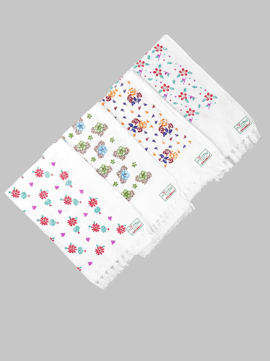 Premium Cotton White with Assorted Printed Napkin / Hand Towel (Pack of 6)