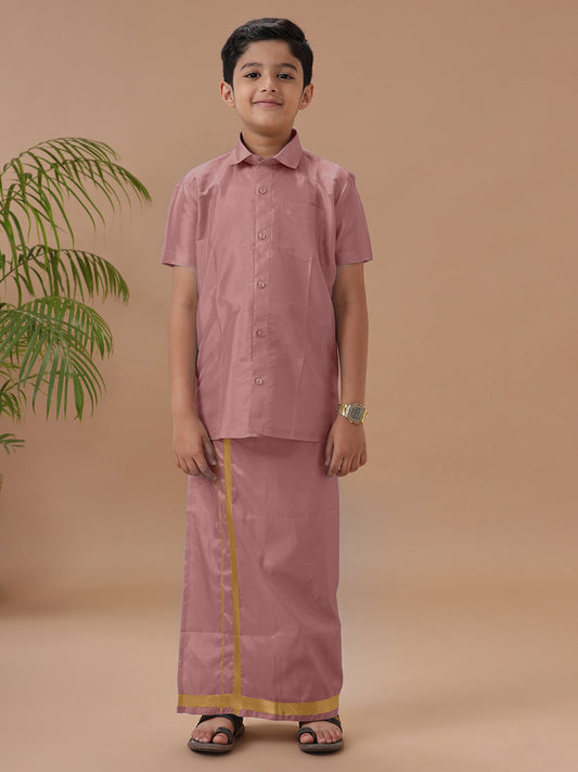 Boys Art silk Shirt & Dhoti Set Copper Tone