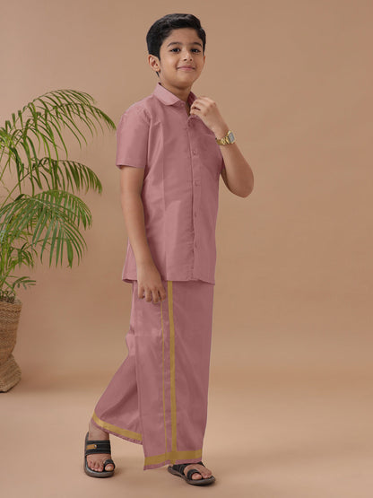 Boys Art silk Shirt & Dhoti Set Copper Tone