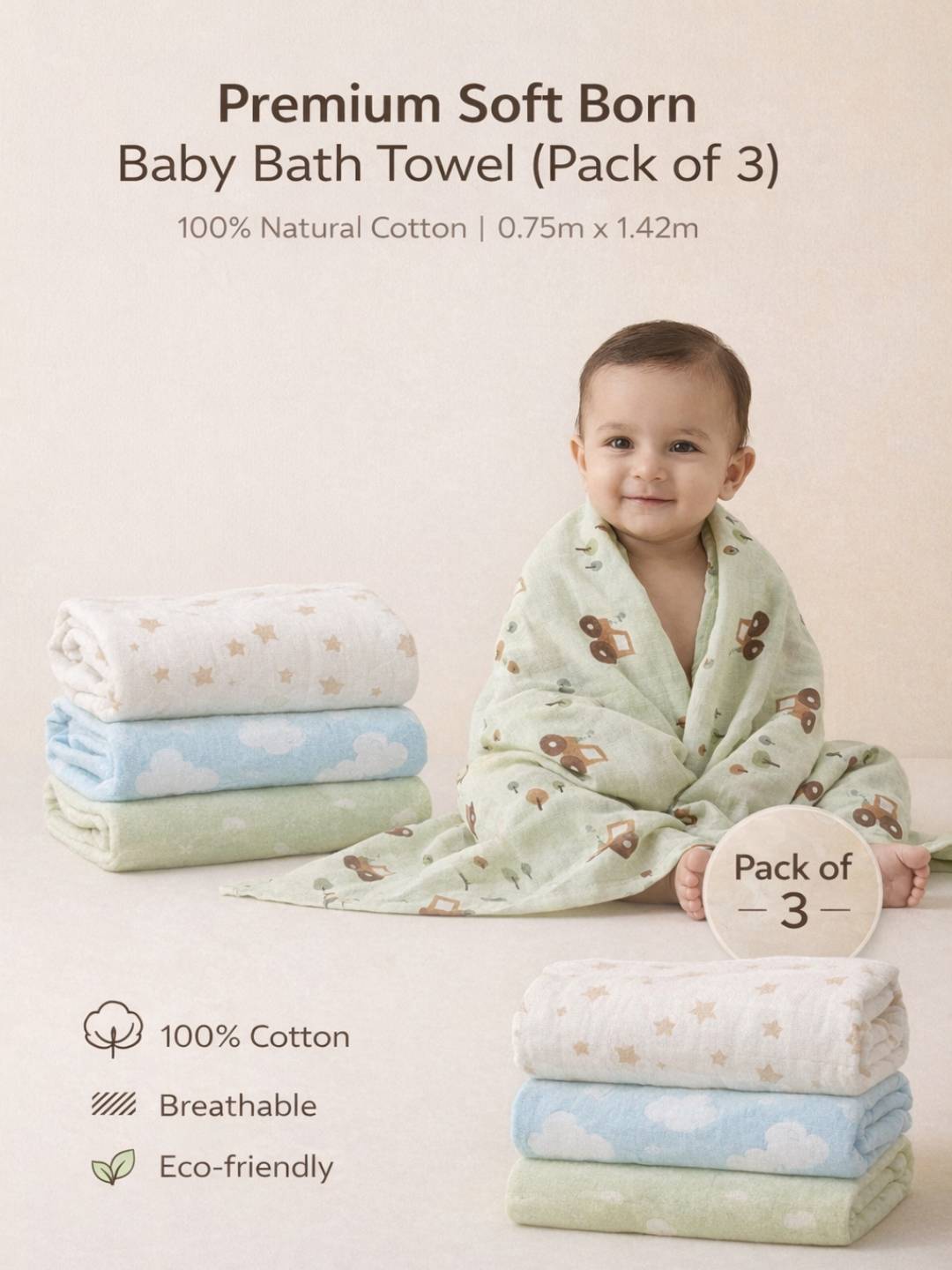 Premium Soft Baby Bath Towel (Pack of 3)  Gentle & Quick Absorbing Cotton | 0.75m x 1.42m