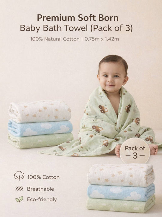 Premium Soft Baby Bath Towel (Pack of 3)  Gentle & Quick Absorbing Cotton | 0.75m x 1.42m